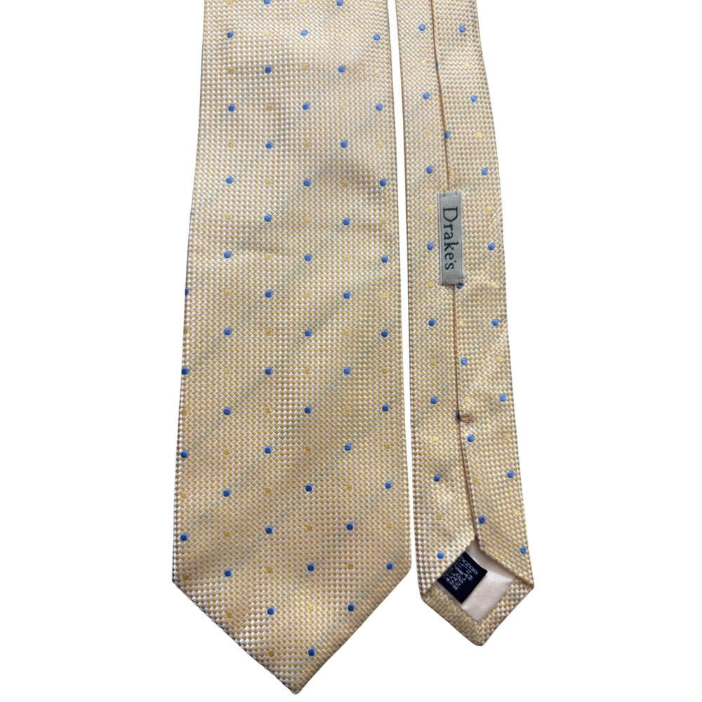 Drakes London Silk Tie Gold Blue Polka Dot Basketweave Made in England Mens Lux
